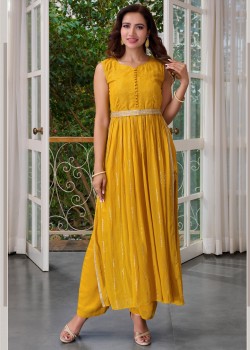 Yellow Chinnon Designer Gown 